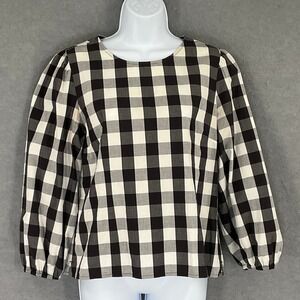 J. Crew Black‎ White Buffalo Check Gingham Puff Sleeve Top Shirt Sz 6 Preppy